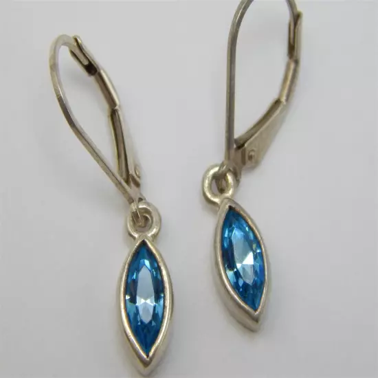 STERLING SILVER BEZEL SET MARQUIS BLUE CZ DANGLE LEVER BACK EARRINGS