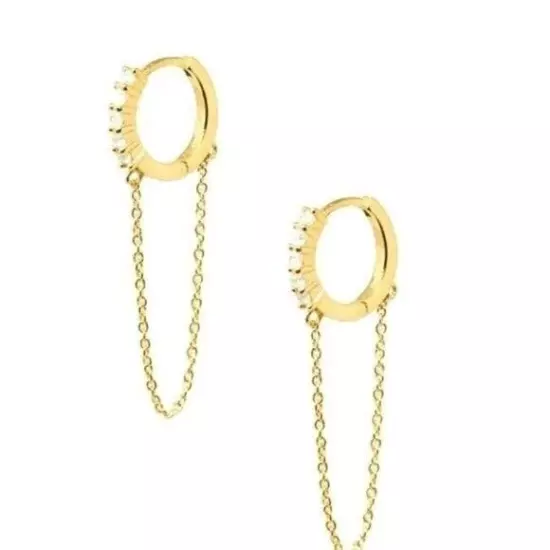 Edgy Modern Pave Huggies w/ dangle Chain Cubic Zirconia Gold Huggies Earrings