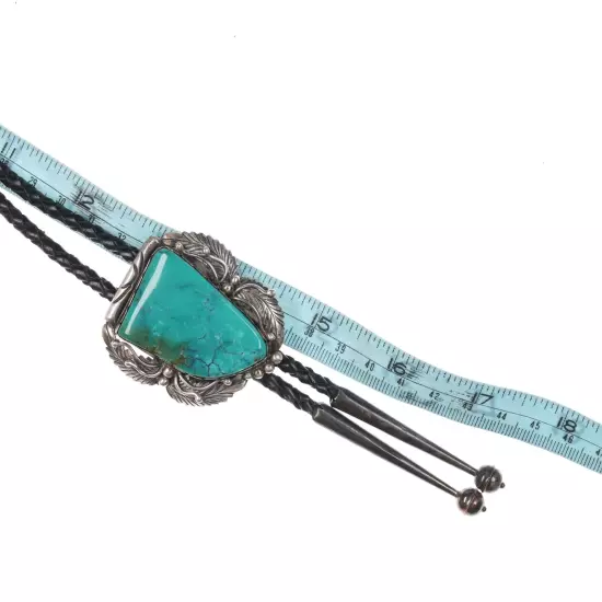 1980's AL Native American sterling high grade turquoise bolo tie