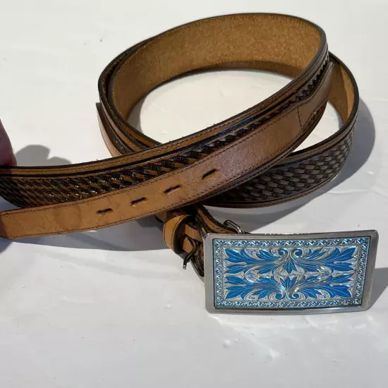 Men Leather Belt Cowhide Silverado USA Size 40 Is 45”long Aqua Silvertone Buckle