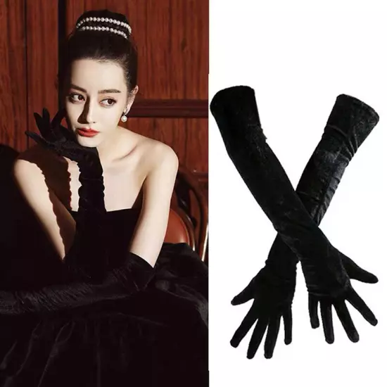 Xmas Noble Banquet Style Women Velvet Long Dinner Dress Gloves Warms Gloves#