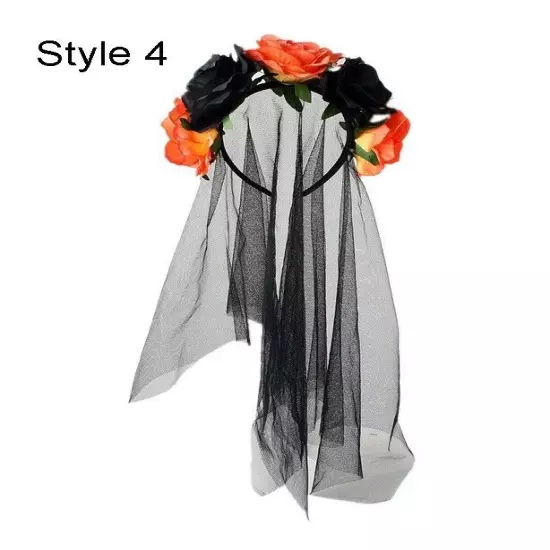 Ladies Mexican Day Of The Dead Black Veil Rose Headband Halloween Headpiece