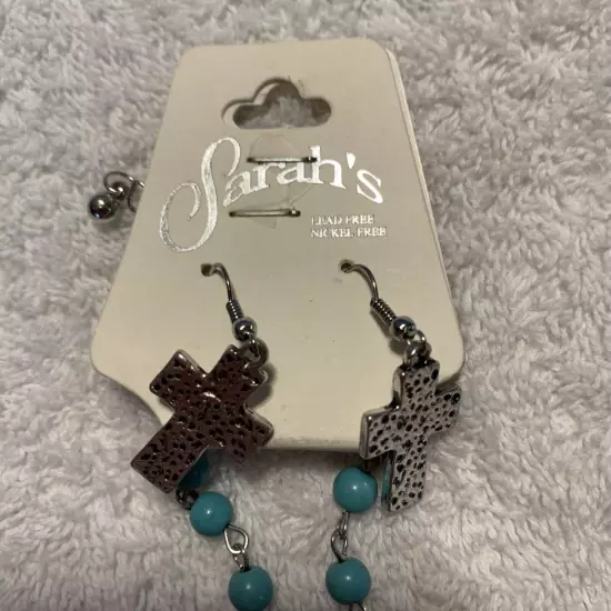 Sarah's silver Cross and turquoise synthetic stone Necklace Lead/Nickel Free