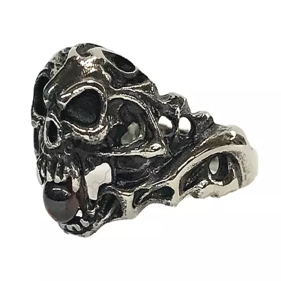 Stainless Steel Men’s Biker Style Ring Size 13 Skull & Red Stone 8+ Grams