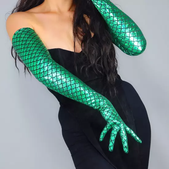 MERMAID GLOVES 28" 70cm Extra Long Shine Green Holographic Fish Scale FITTED