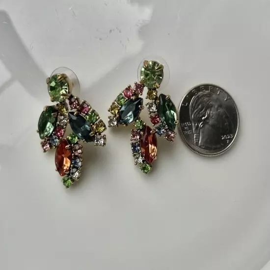 J Crew Crystal Leaf Multicolor Crystal Cluster Stud Statement Earrings