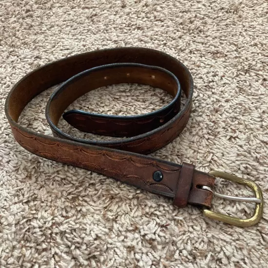 Chacon Leather Belt Adult 36 Brown Tooled Solid Brass Buckle Western Cowboy