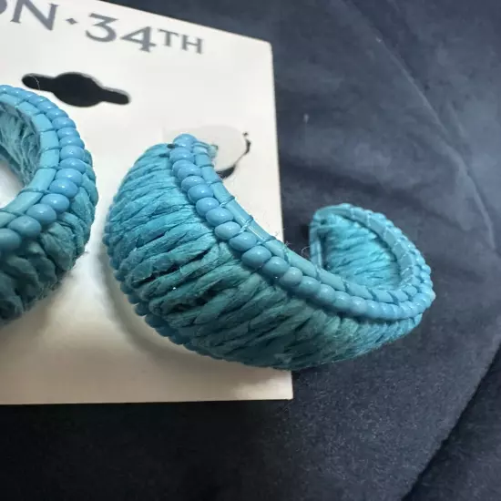 New Seed Bead & Raffia C Hoop Earrings Turquoise Blue Boho Cottagecore Beach