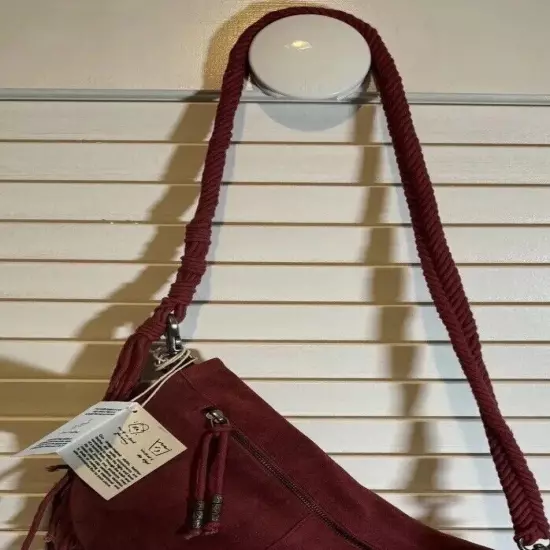 Free People Sweet Talker Red Suede Sling Bag Braided Strap Beaded Tassel NWT $88