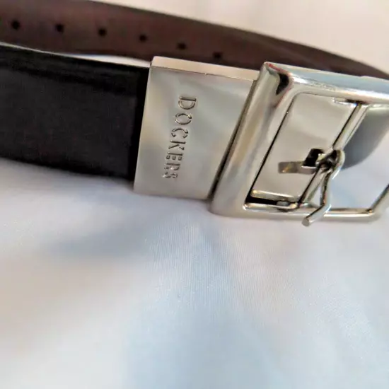 Dockers Belt Black Brown Leather Silver Tone Rectangular Buckle 30" L x 1" W