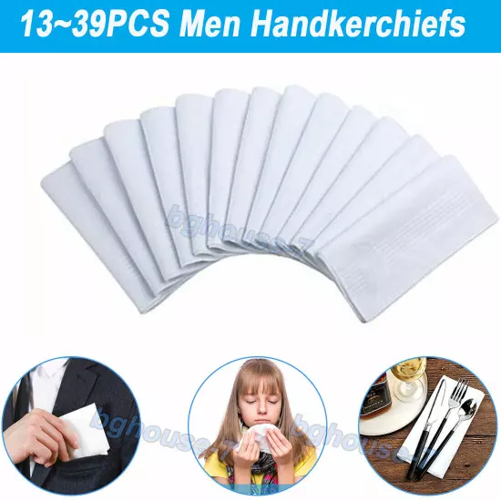 13~39PCS Cotton Men Handkerchiefs Solid Square Pocket Classic Hankies Bulk White