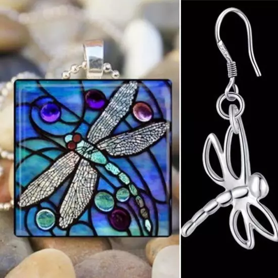 New Sterling Silver Good Luck Dragonfly Wire Dangle Earrings Glass Tile Necklace