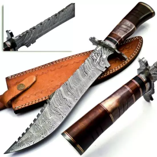 Handmade Damascus Steel 15.5 Inches Bowie Knife - Rose Wood & Bull Horn Handle