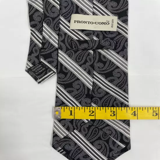 Pronto Uomo Italy Silver Black Paisley & Striped Repp Silk Tie 3.8" x 59"