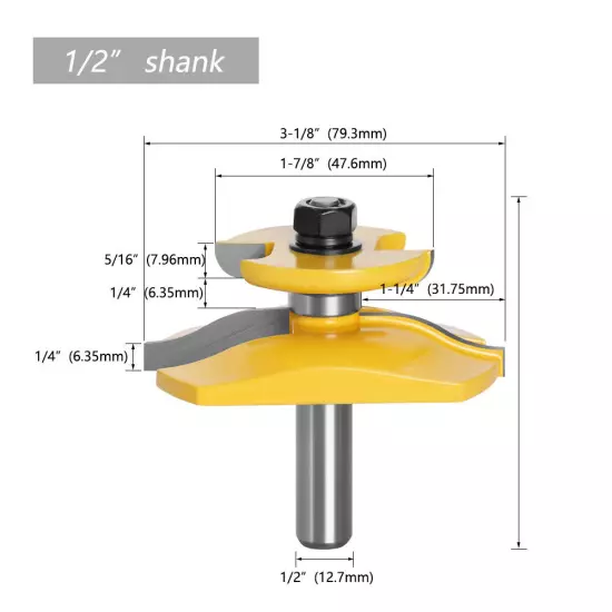 1/2" 12mm Shank Joint Rail & Stile Router Bit Tongue&Groove Cutter 3-1/8" 1-5/8"