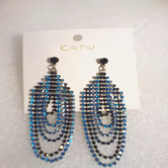 Blue Rhinestone Piersed Chandelier Drop Earring 3'' Drop Dressy Fashion NEW