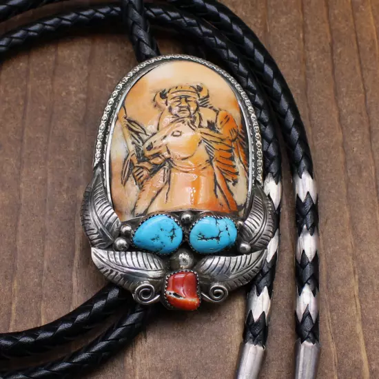 Unusual Carved Orange Shell Horse and Indian Chief Bolo Tie