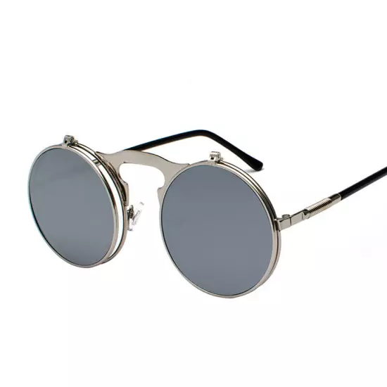 Round Metal Flip Up Sunglasses Retro John Lennon Circle Vintage Unisex Glasses