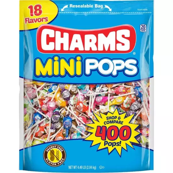 Charms Mini Pops Assorted 18 Flavors - Peanut Free - Gluten Free, 400-count