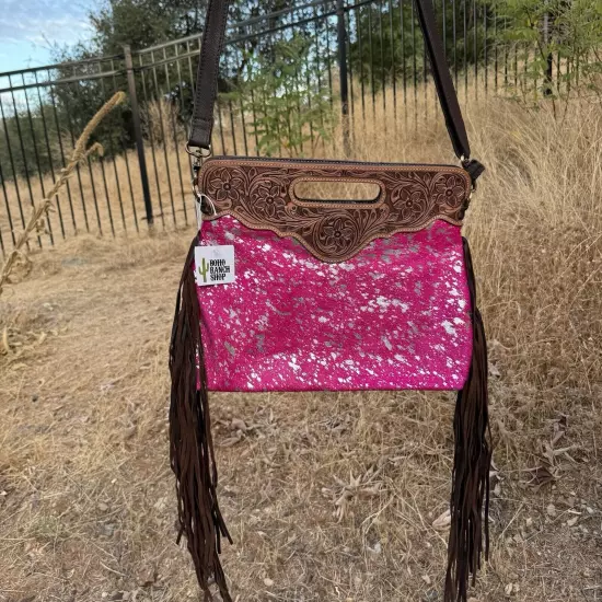 Tooled Leather Cowhide Crossbody Bag With Pink Silver Specs