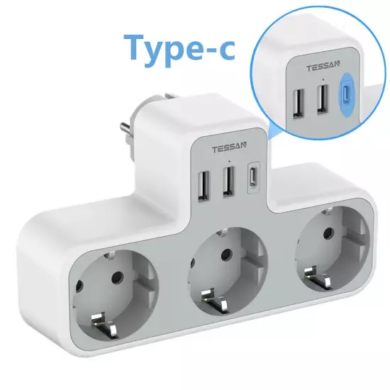 USB Plug Adapter, 6 in 1 Sockets Tee with 3 Sockets, 2 USB-A & 1 Type C Port