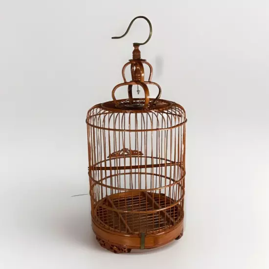 Vintage Bamboo & Teak Bird Cage 17" Curved Asian Chinoiserie Double Loop