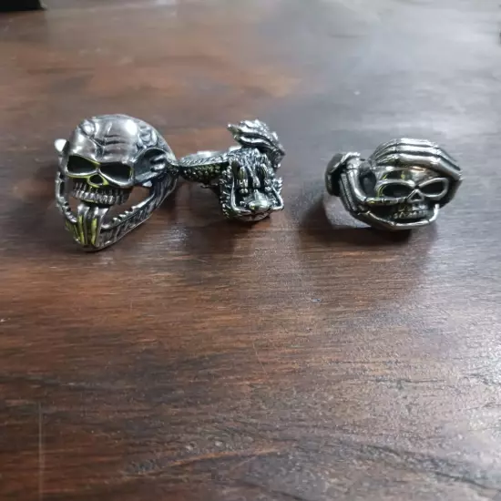 SET OF 4 SIZE 10 MENS RINGS- 3 SKULLS AND 1 DRAGON DESIGN