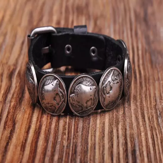 Black Cool Five Cent Buffalo Studded Leather Wrap Bracelet Cuff Wristband Men