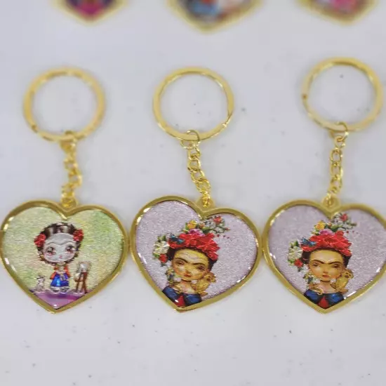 Lot 12 Frida Kahlo Gold Tone Keychain Heart Shape Drawing Mexico Souvenir 4" New