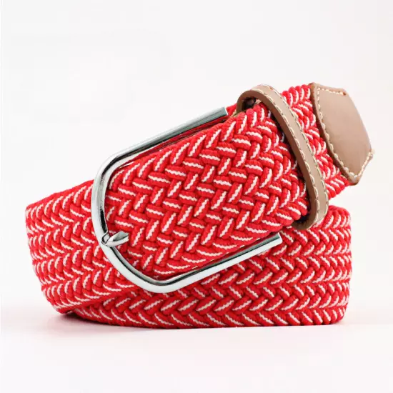 Mens Ladies Belts Canvas Webbing Braided Leather U Buckle Elastic Woven Stretch