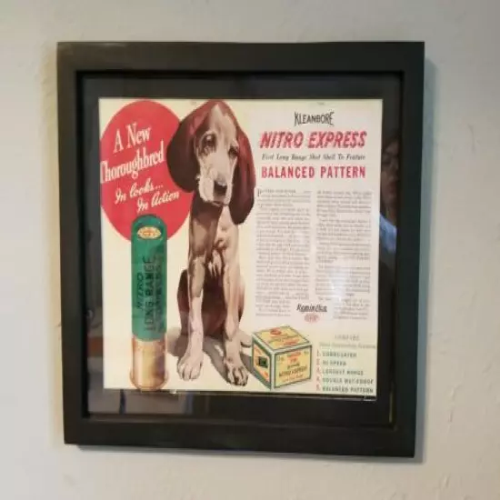 1935 Original Framed Ad - KLEANBORE REMINGTON Beagle Puppy Long Range Shot Shell