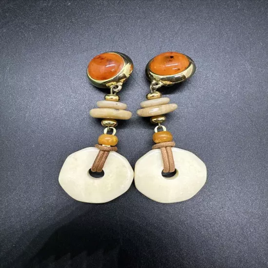 Vintage Costume Clip On Faux Amber & Bone Dangle Earrings 70s Boho Style