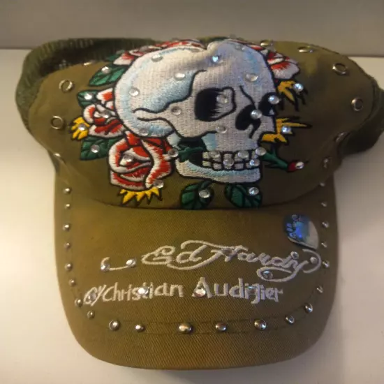 Ed Hardy Hat Skull and Rose Snapback Trucker Cap Studs Rhinestones Embroidered