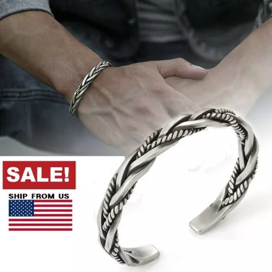 Men Thai Handmade Vintage Open Bangle Twisted Cuff Bracelet 925 Sterling Silver