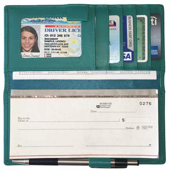 RFID Leather Checkbook Cover With Credit Card Slots and Pen Holder