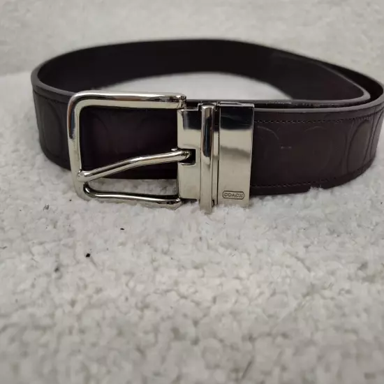 Coach Men Belt Medium Brown Leather Embossed Logo Silver Buckle