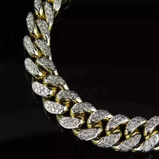 12Ct Round Cut Lab Created Diamond Cuban Link Bracelet 14K Yellow Gold Finish