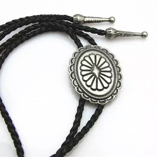 Vintage Men Bolo Tie Western Cowboy Indian Celtic Pattern Alloy Necklace PU Rope