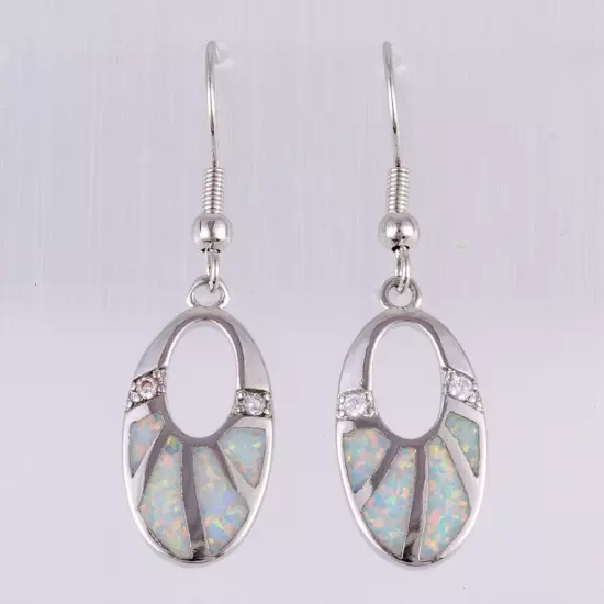 White Fire Opal Oval CZ Silver Jewelry Women Dangle Drop Earrings