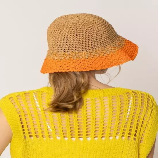 DIONA J TWO TONE STRAW BUCKET HAT ONE SIZE COLOR ORANGE