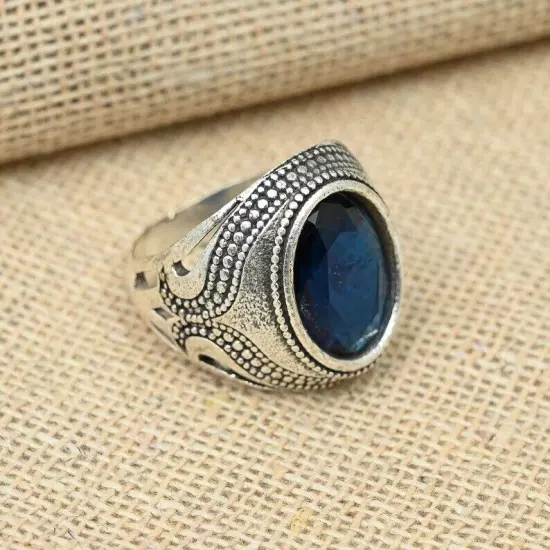 Blue Onyx Gemstone Men's Ring 925 Sterling Silver Statement Boho Ring Al Size B3