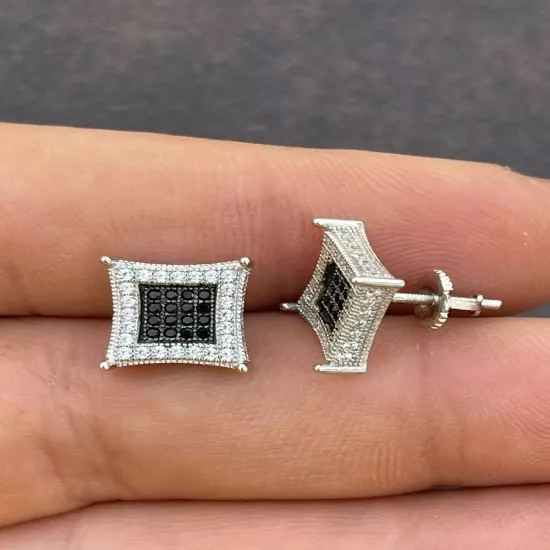 Mens Real 925 Solid Sterling Silver Iced Kite Square Black CZ Earrings Stud