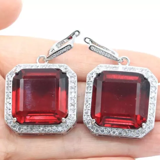 Luxury Square Raspberry Rhodolite Garnet CZ Ladies Party Silver Earrings 