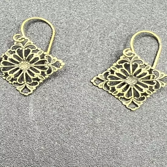 Copper Tone Fish Hook Earrings Diamond Shape Filigree 