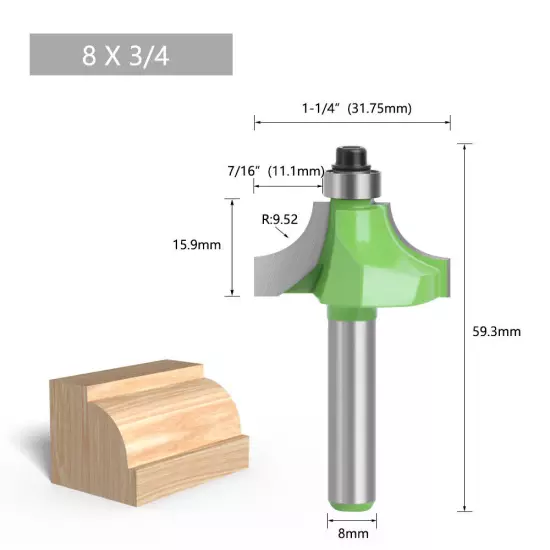 8mm Shank Round Over Edge Profile Router Bit, 2.25-12.7mm Radius 1PC/10PCS GREEN