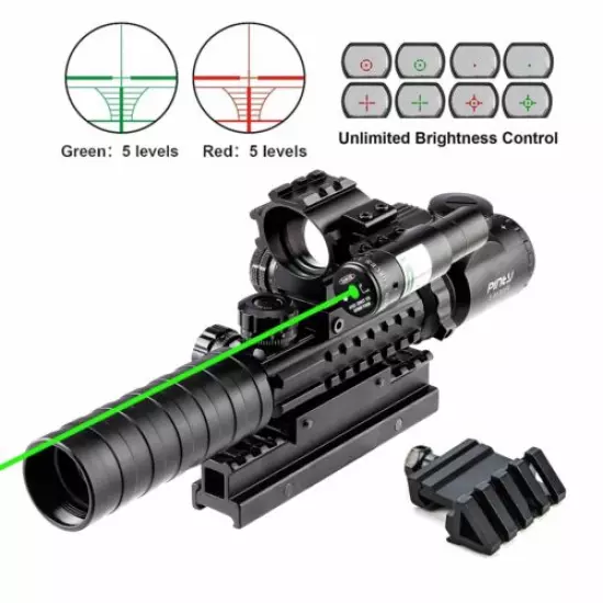 Pinty 3-9x32 Rifle Scope w/ Green Laser & Red/Green Dot Sight & High Riser Mount