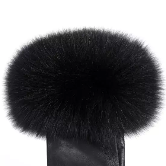 Women Genuine Lambskin Leather Gloves With Real Fox Fur Trim Cuff Winter Warm