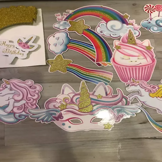 Unicorn Party Pack 12 Pc Cupcake Toppers & Wrappers & Hanging Decor *Never Used*