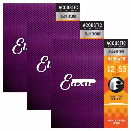 3 Set Of Elixirr 11052 Nanoweb 80/20 Bronze Light Acoustic Guitar Strings 12-53