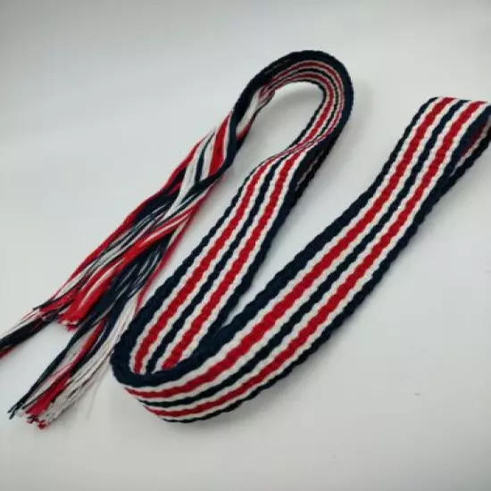 Item3171: Powder Horn inkle strap red, white and blue cotton 1 1/8" x 43" 